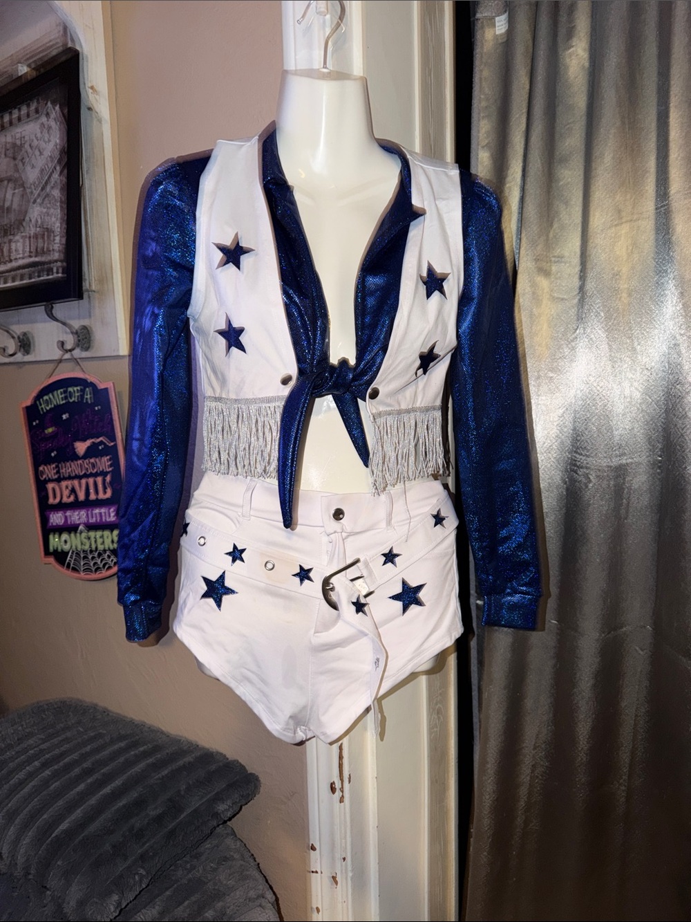 Women’s Forplay Star Accent White Fringe Vest Metallic Blue Jacket Cowboys S/M